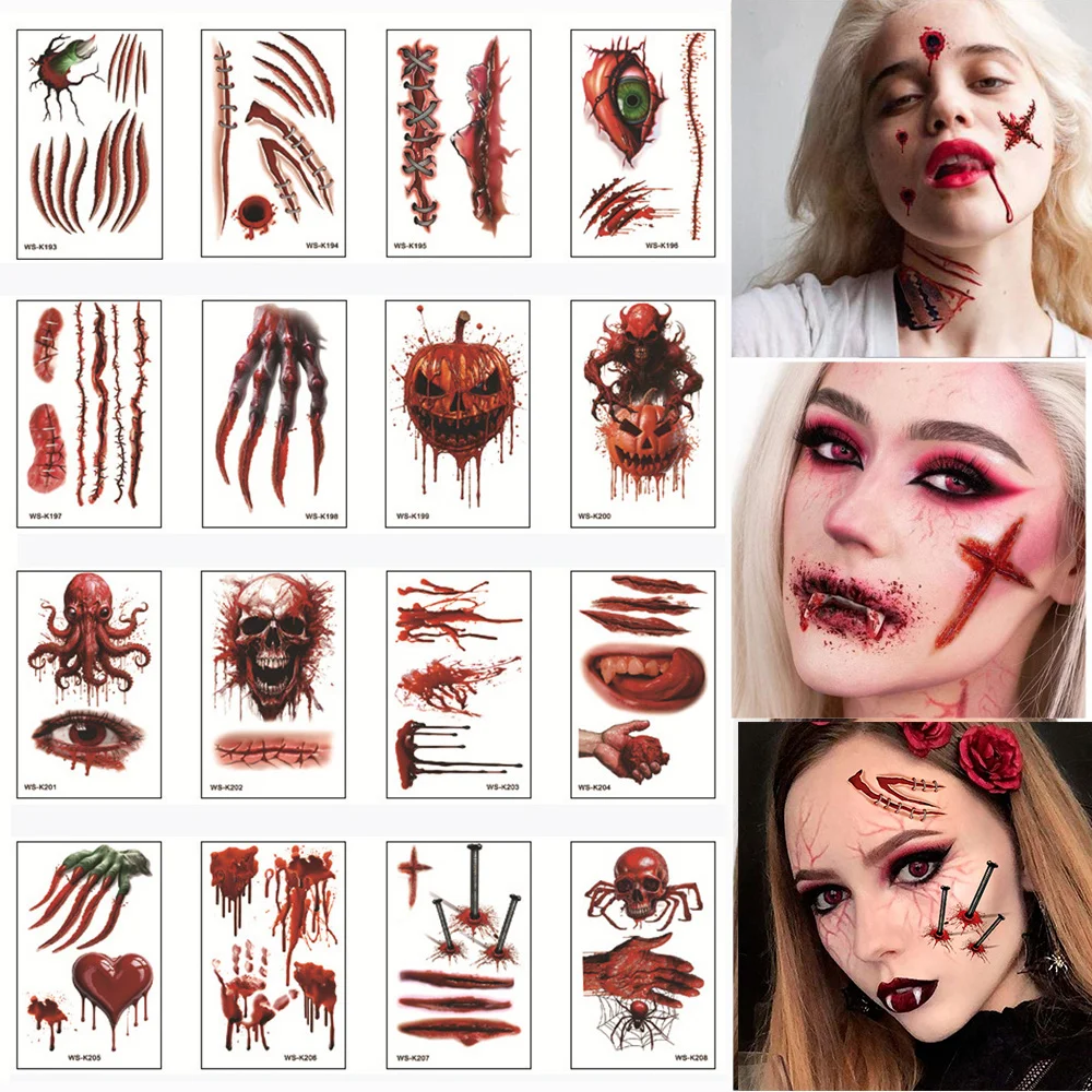 16Pcs Halloween Tattoo Stickers Face Makeup Waterproof Temporary Tattoos for Men Women Bleeding Wound, Scar Fake Tattoo