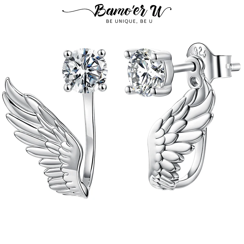 

Bamoer U 0.5CT Moissanite Angel Wing Stud Earrings, Round Cut Lab Diamond Front-Back Earrings for Women Guard Jewelry Gift