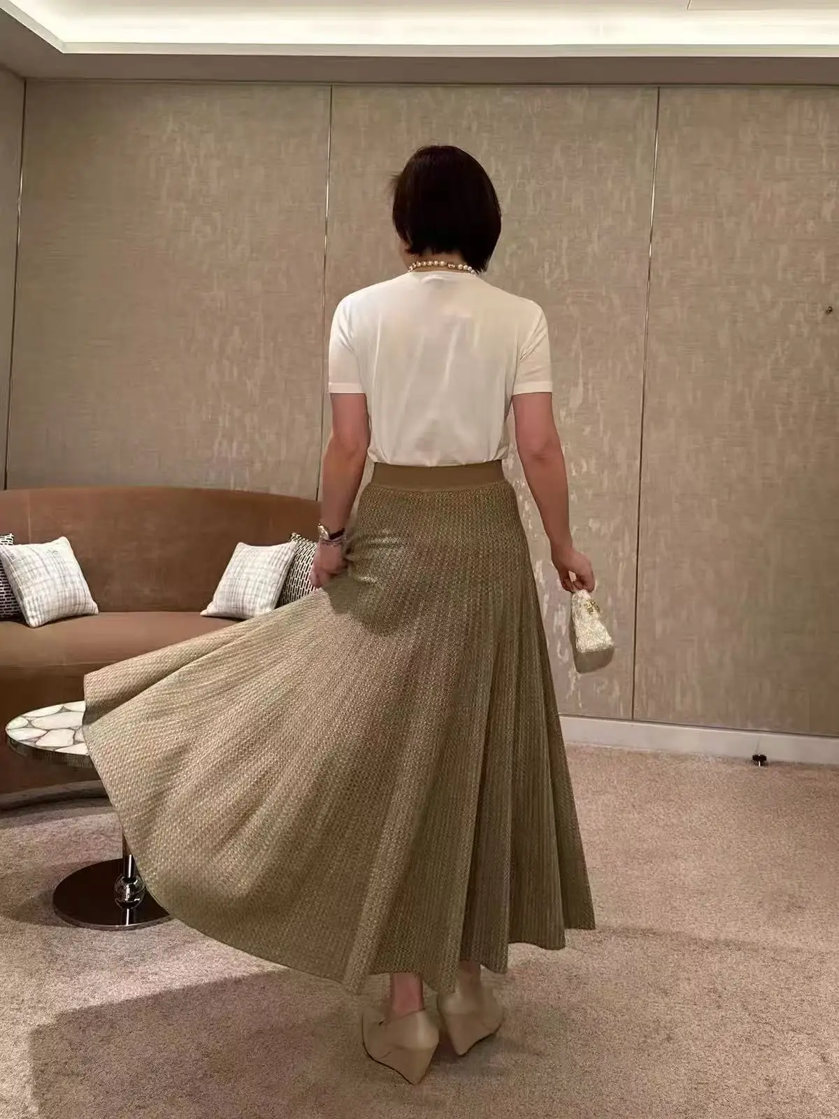 Elegant Women Cashmere Silk Blend Long Skirts High Elastic Waist A‑Line Flowy Heathered Knit Maxi Skirt