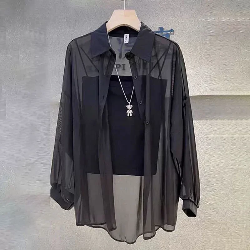 Shirts Women for Summer Solid Color Basic Cardigan Perspective Sunscreen Shirt New Simple Versatile Loose Casual Chiffon Blouses