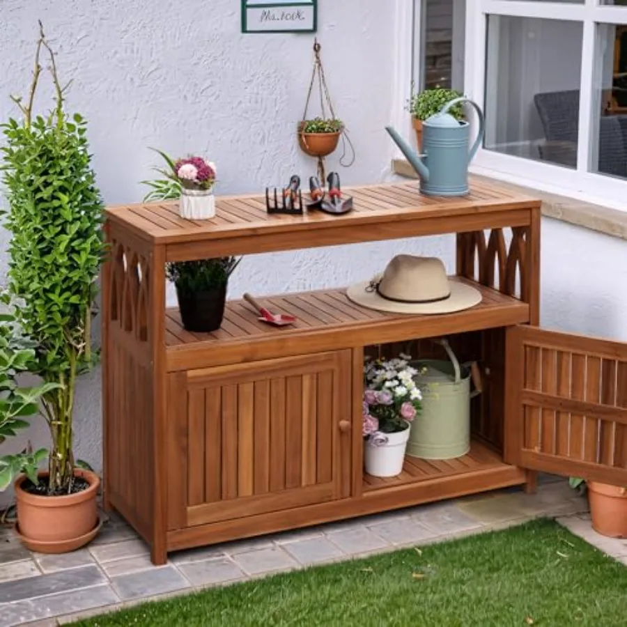 Acacia Wood Outdoor Storage Cabinet, Waterproof Potting Table, Brown