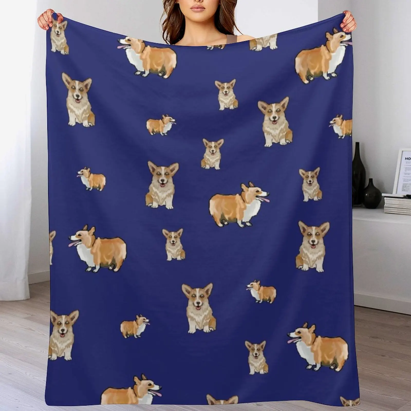 Corgi Dog Pattern Blue Background Throw Blanket Flannels Plaid Soft Big Blankets