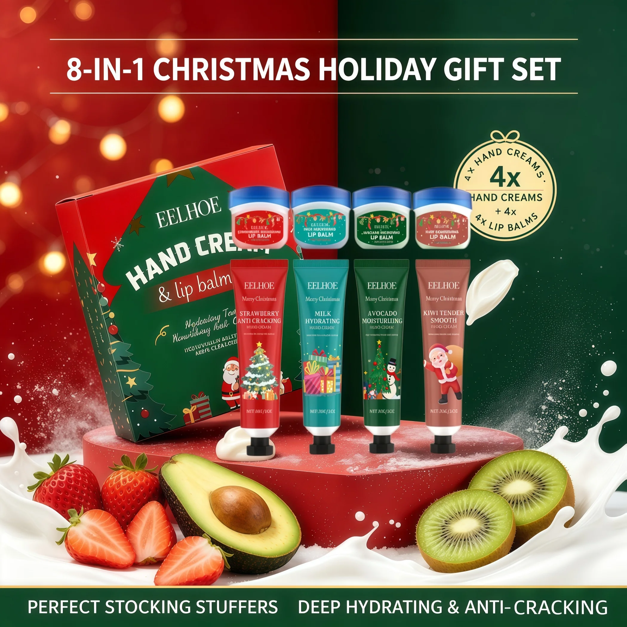 Holiday Christmas Hand Cream Lip Balm Set Organic Avocado Strawberry Fruit Moisturizing Hand Lotion Hydrating Lip Care Kit Winter Anti Chapping Powerful Crack Resistant&Deep Moisturization Skincare Bundle Xmas Gift Box Stocking Stuffers for Women