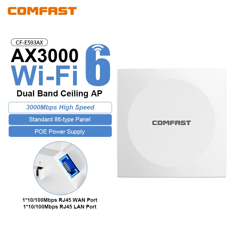 

COMFAST AX3000 Wi-Fi 6. Точка доступа к беспроводной панели. Гигабитный порт 2,4/5,8 ГБ. Внутренняя точка доступа. Бесшовное роумирование OFDMA MU-MIMO. Внутреннее покрытие.