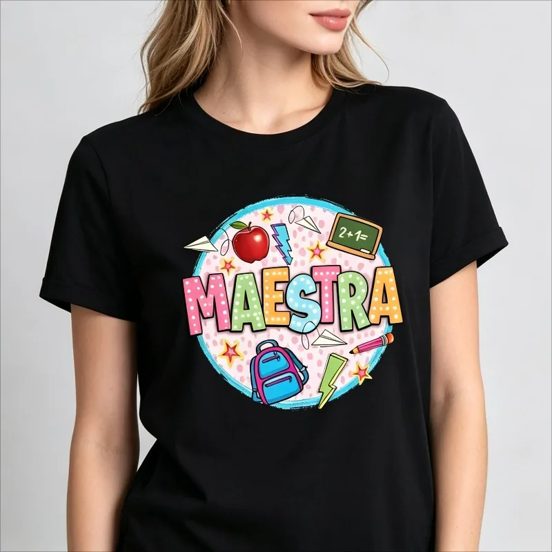 MAESTRA Women T-Shirt 100% Cotton Regular Fit Apple Chalkboard Backpack Pencil School Print Short Sleeve Tee Casual Top