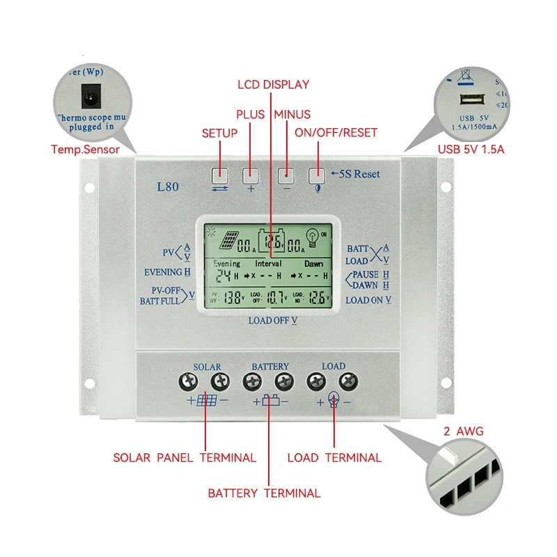 Imagem -02 - Ecgsolax Mppt Controlador de Carga Solar 60a 80a Auto 12v 24v Max 50vdc Entrada Regulador Solar com Display Lcd Usb 5v 1.5a Saída