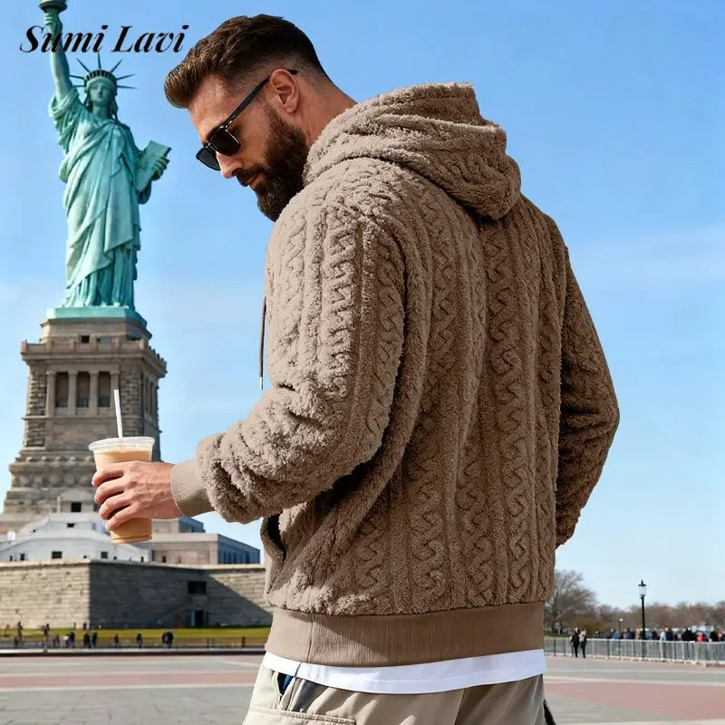 Fall Winter Mens Fashion Fleece Hooded Sweatshirts Vintage Jacquard Textured Fleece Hoodie For Men Casual Solid Color Hoodies