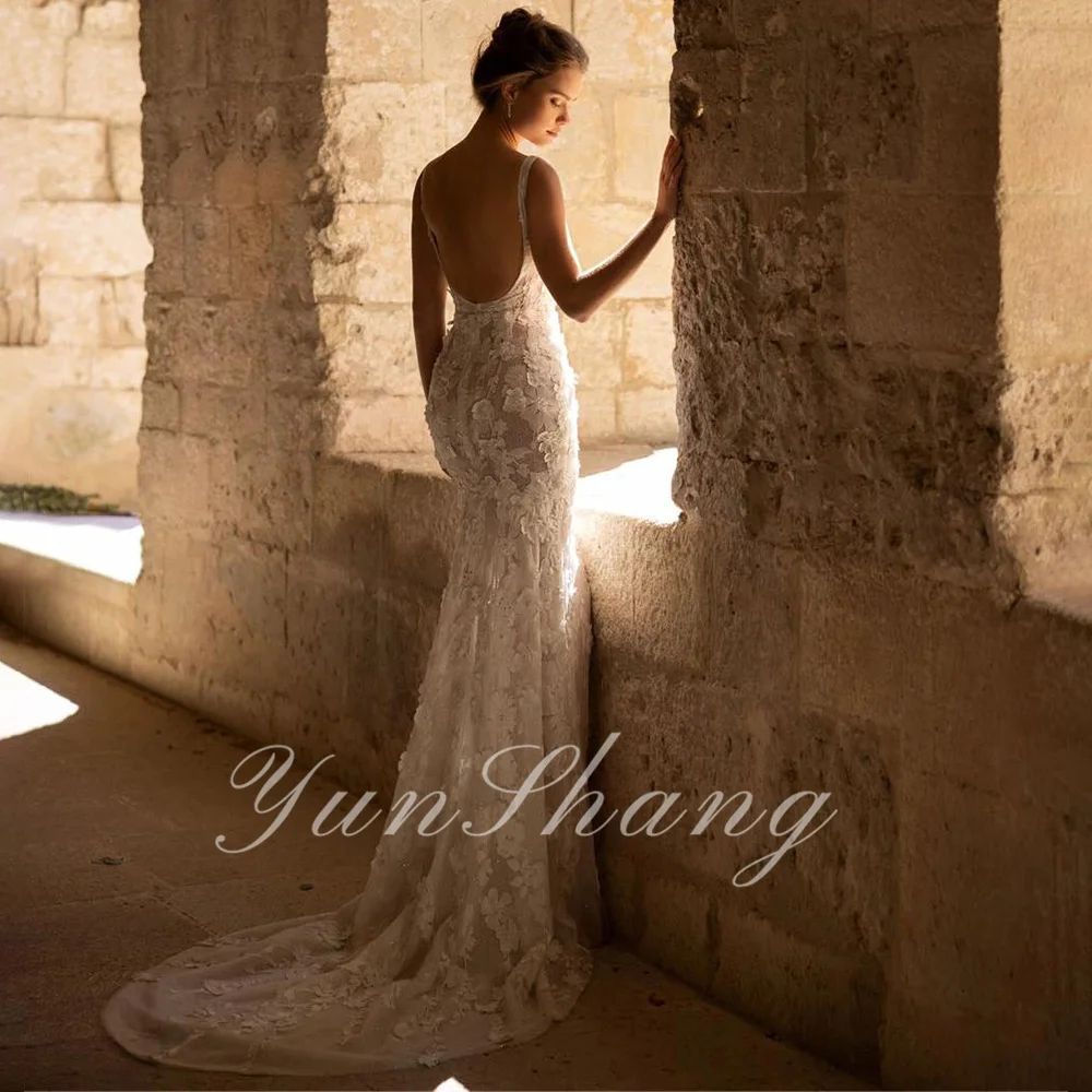 YunShang Sexy Mermaid V-neck Wedding Dress Lace Applique Long Train Bride Gown For WomenVestidos De Noiva