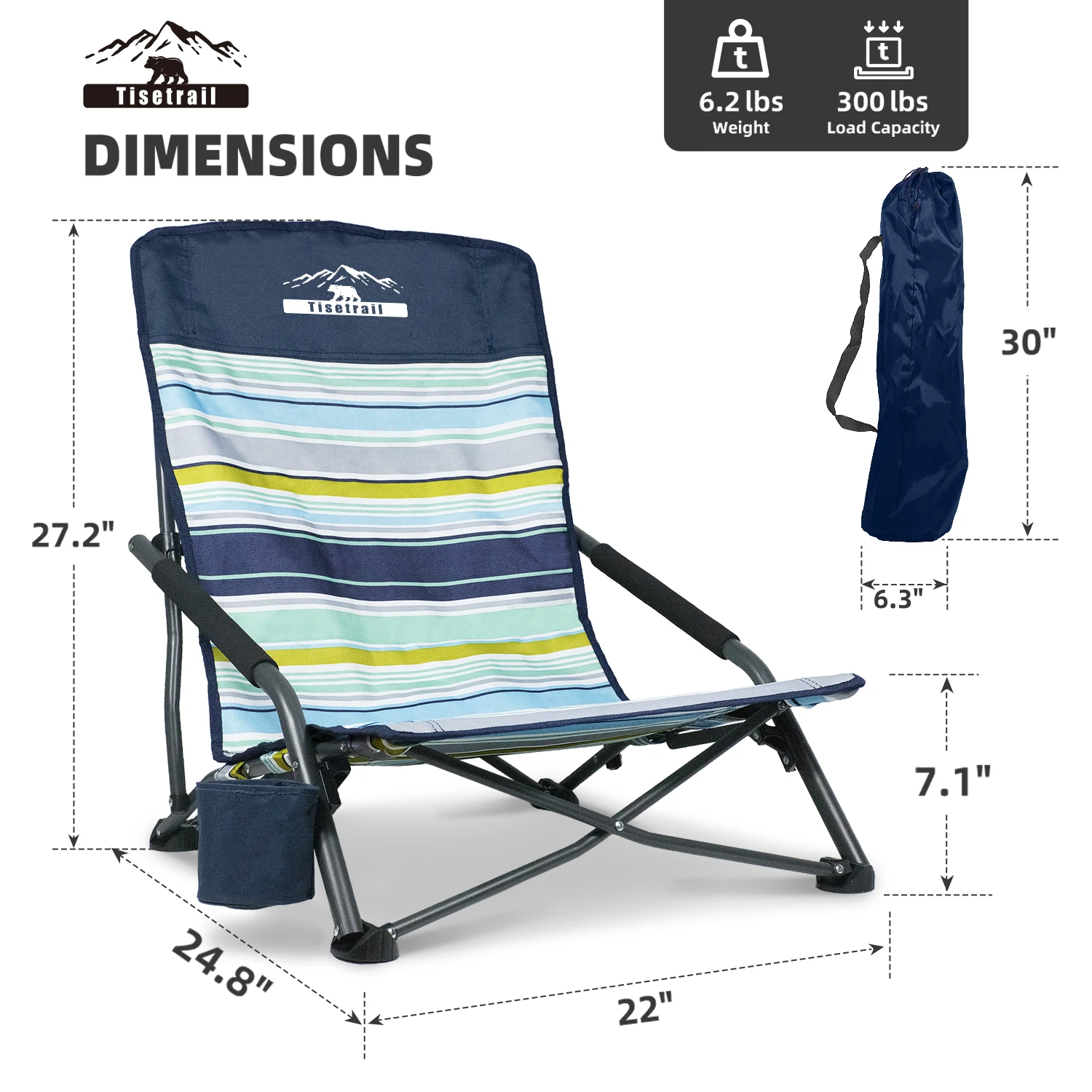 Tisetrail Portable Beach Chair for Adults Low Back Sling Chair with Cup Holder Folding Mesh Sand Chair Navy Strip