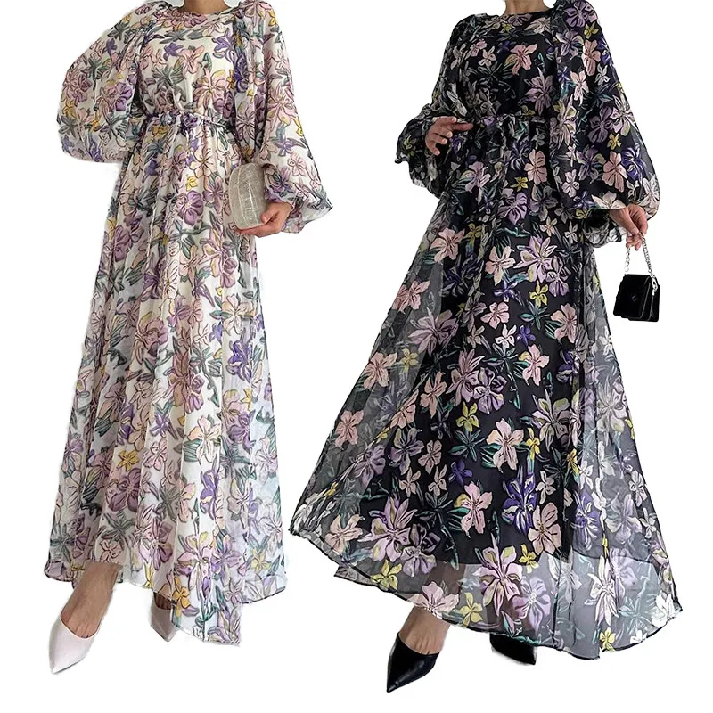 Women Chiffon Muslim Fashion Abaya Big Puff Sleeve Islamic Floral Printed Abaya Dubai Luxury Turkey Islam Clothes Kaftan Robe