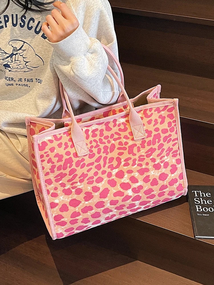 Pink Leopard Female Bags 2025 Autumn Winter New High End Rectangle One Shoulder Bags Fashion Vintage Zipper Canvas Handbag