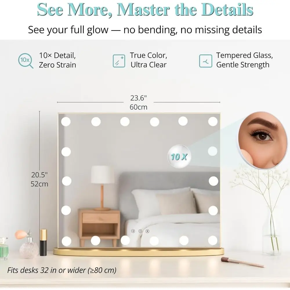 18-LED Hollywood make-upspiegel, 23,6 lang, 3-kleuren verlichting, tafelblad make-upspiegel voor slaapkamer