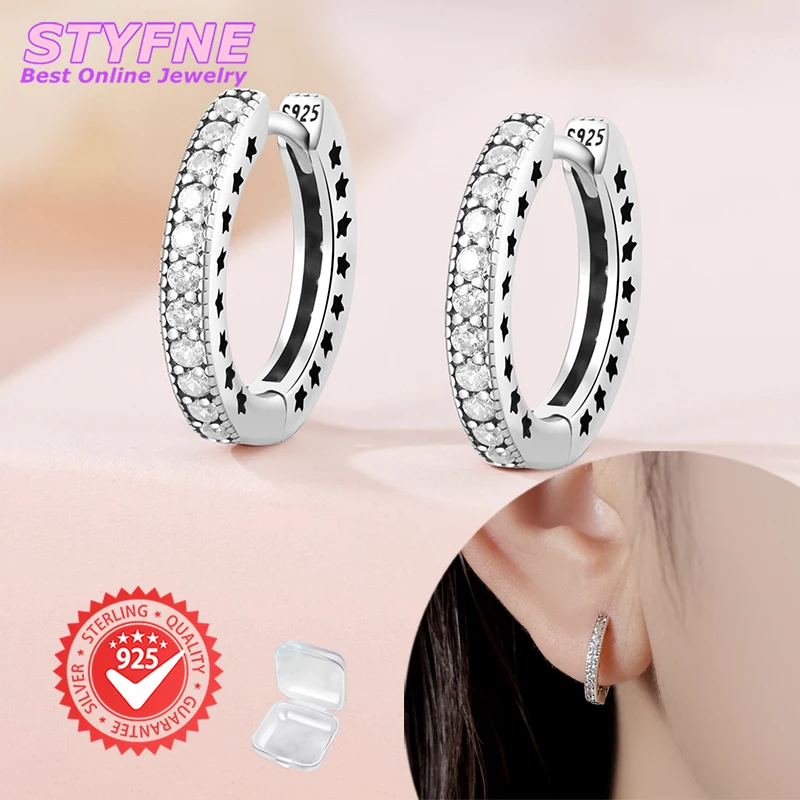 925 Sterling Silver Classic Geometric Round Zircon Stars Border Hoop Earrings Fashion Earrings Jewelry Gifts for Women Girls