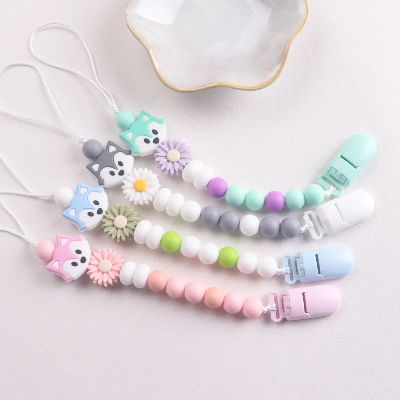 Baby Daisy Pacifier Chain Beech Soother Nipple Clips For Silicone Beaded Dummy Holder Chain Care Chew Toy Shower Gift