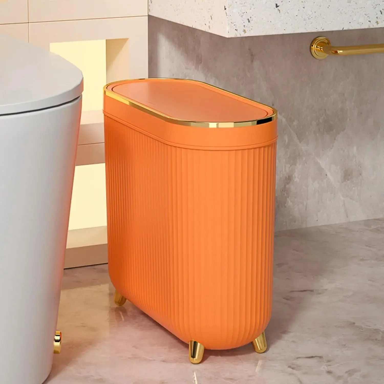 Bathroom Trash Can Slim Trash Can 3.2 Gallons Kitchen Garbage Can with Press Top Lid Plastic Trash Bin Waste Basket