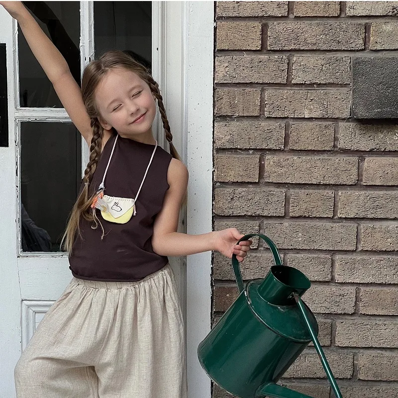

Girls Top 2024 Korean Style Summer New Solid Color Sleeveless Vest Backless Casual Simple Loose Fashion Summer Children Top