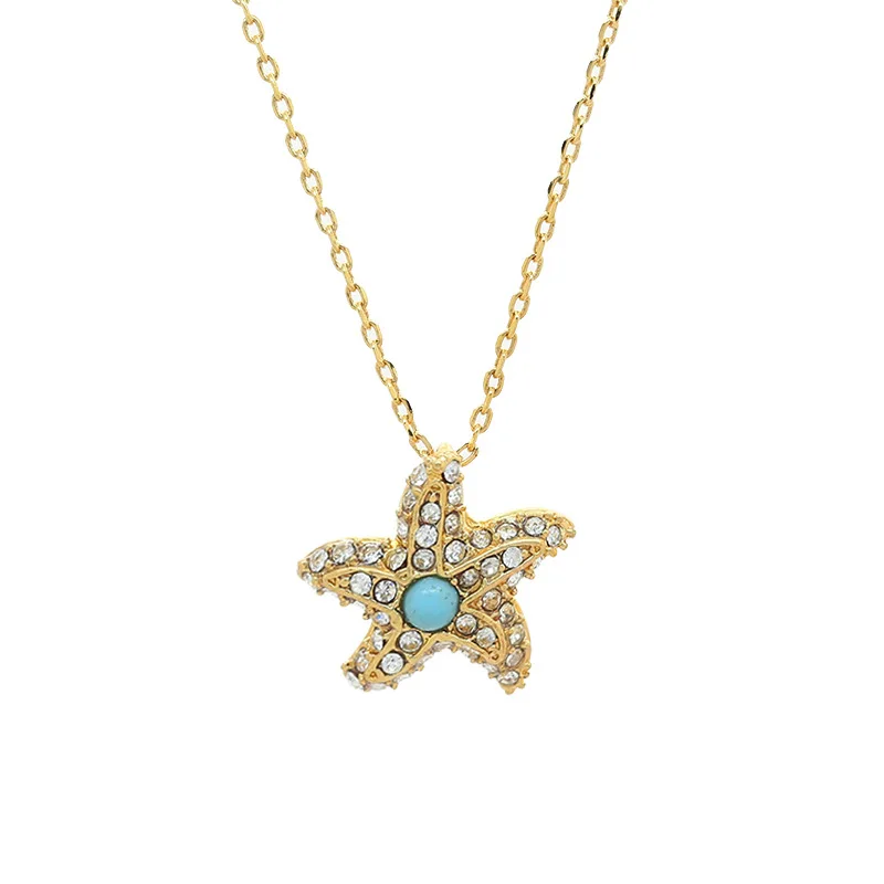 

1Pc Exquisite Short Necklace With Diamond-encrusted Blue Jade Starfish,A Simple And Stylish Nautical Women's Clavicle Chain