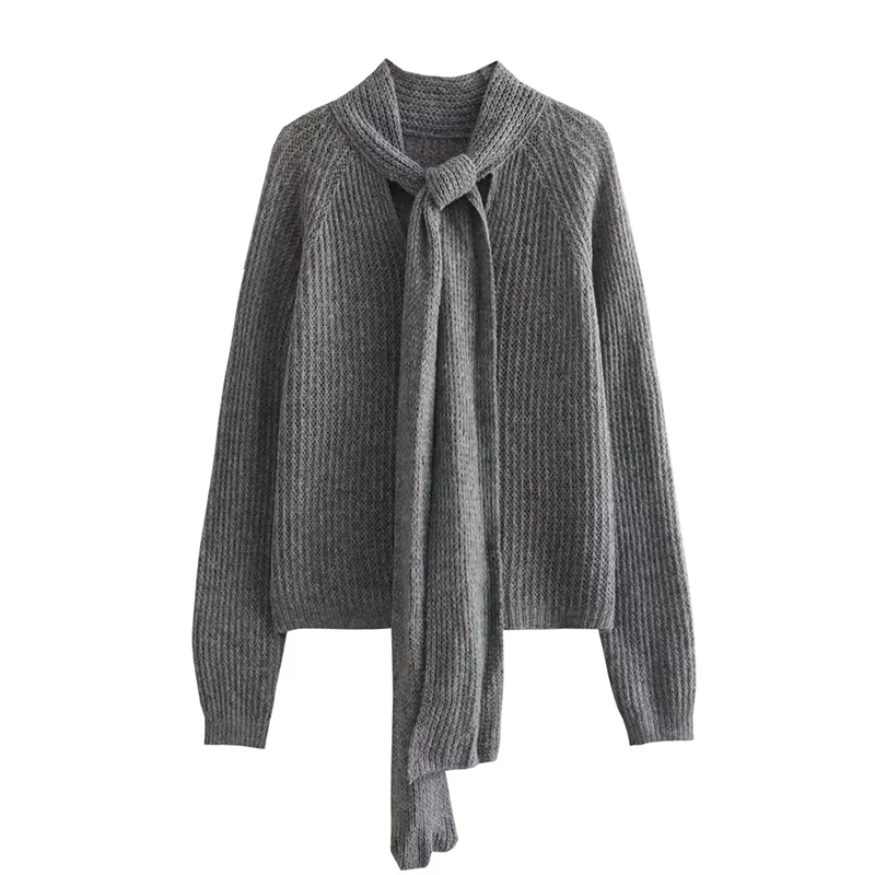 

Вязаный свитер с галстуком, высококачественный серый свитер с длинным рукавом, модные женские топы с круглым вырезом, свободные зимние теплые офисные женские свитера, уличная одежда