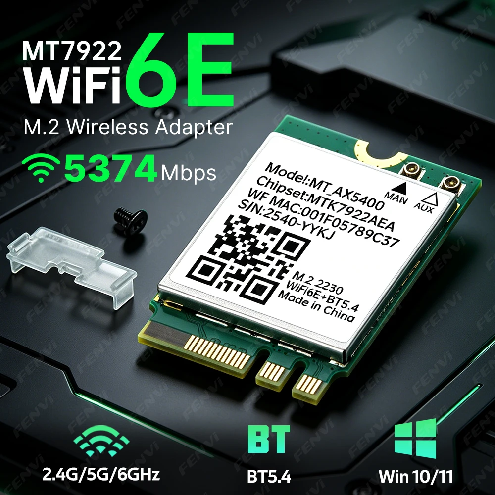 WiFi 6E MT7922 M.2 Wireless Card 5374Mbps BT5.4 Tri Band 2.4G/5G/6Ghz Network Adapter 802.11AX MU-MIMO Network Card For Win10/11