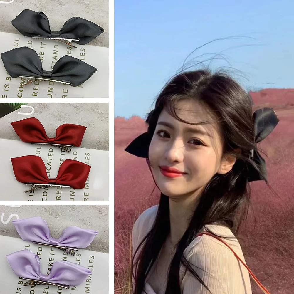 2 PCS Ribbon Hair Bows Clips Vintage Bow Knot Side Hairpin Cute Girls Barrettes Headdress Hair Accessories For Women