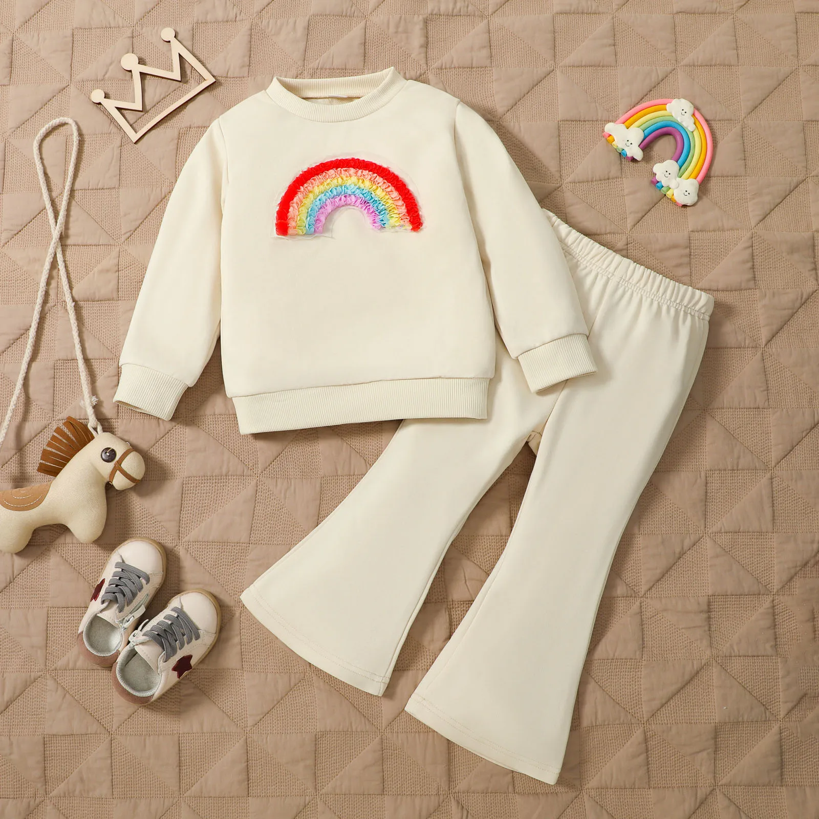 

Girls Casual Pants Sets Fashionable And Comfortable Set Long Sleeved Rainbow Embroidery Top Flared Trouser Streetwear Clothes