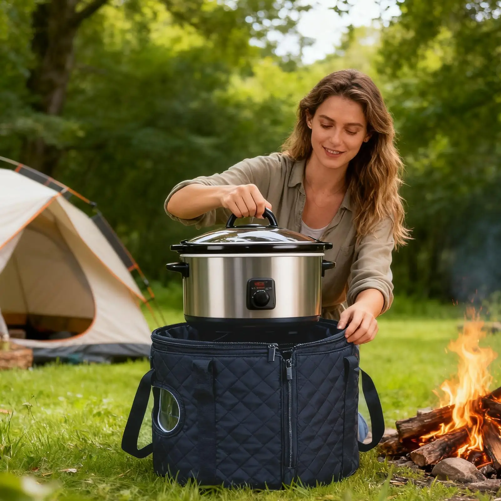 

Slow Cooker Bag Insulated Large Capacity Reusable Liners Cooking Pot Carrying Bag With Lid Fixing Buckle For Travel Camping