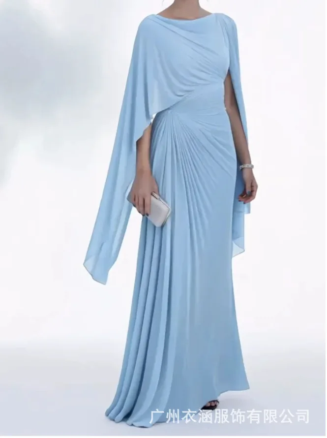 Sexy Abendkleid mit Schrägausschnitt und Falten, Elegantes Hochgeschnittenes Einfarbiges Bankett-Kleid, Damen Freizeitkleid mit Unregelmäßigen Langen Ärmeln – Detail 10