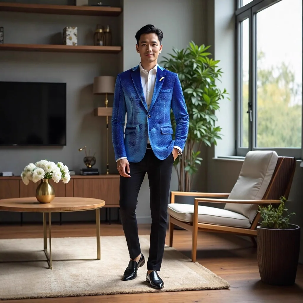 New Men's Velvet Two-Piece Suit Casual Slim Fit Dance Party Set Metal Decoration Double Slit Thick Winter Style Fashionable