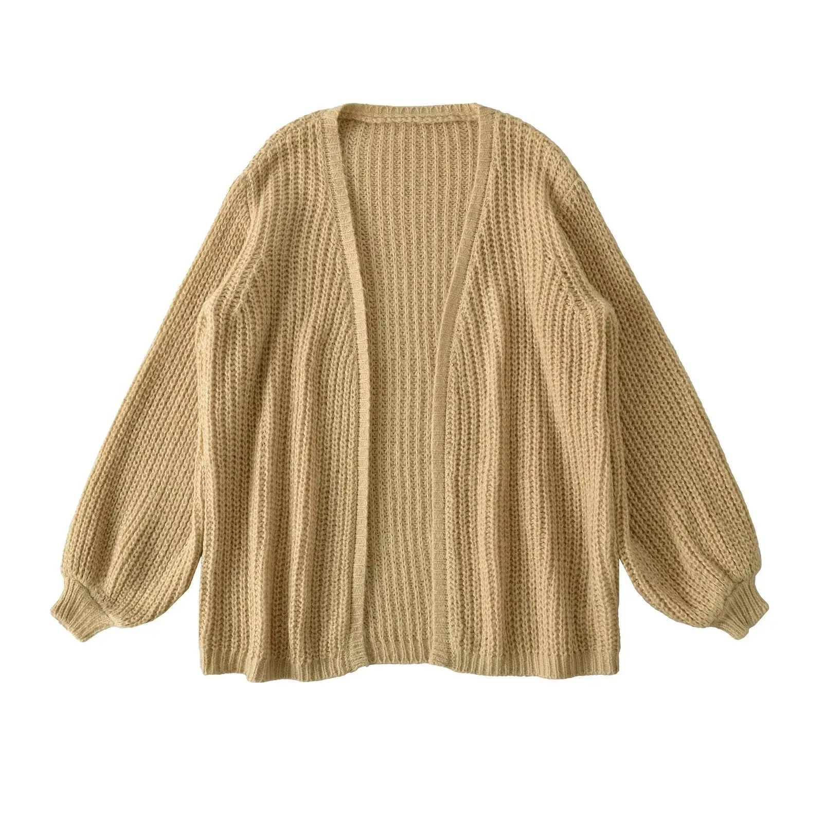 Winter Lazy Style V-Neck Versatile Loose Casual Solid Color Lantern Sleeve Knitted Sweater Cardigan Mid-Length Cardigan E6G1