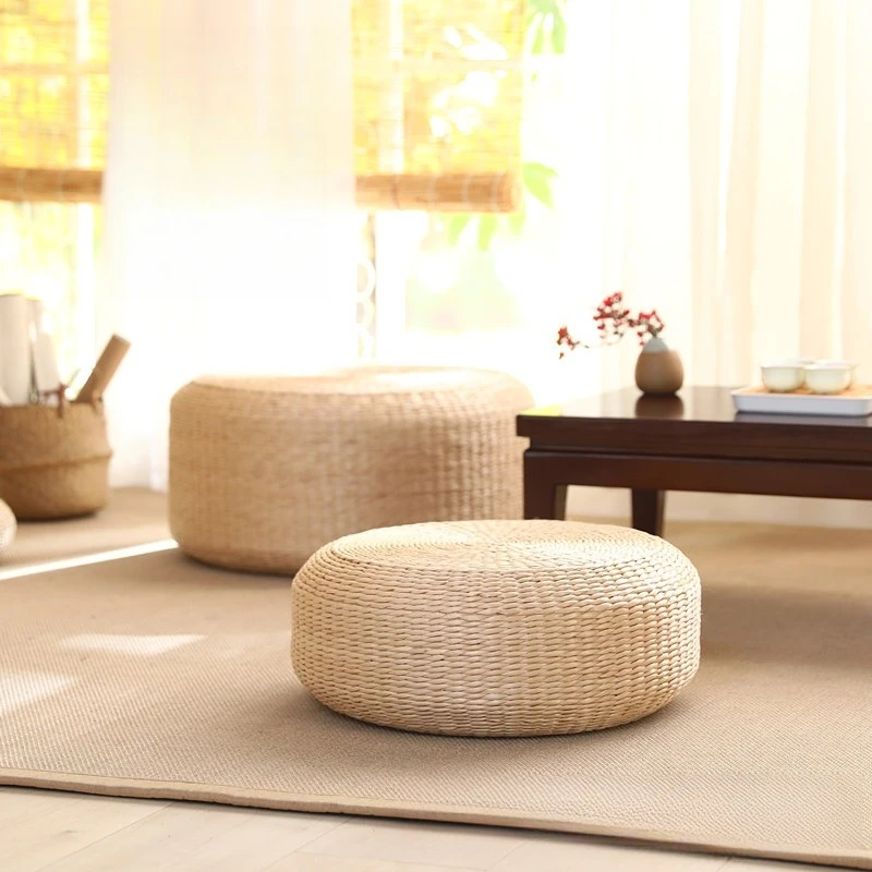 Handwoven Straw Cushion Round, Thick Floor Seat for Tatami & Window Sill, Meditation & Yoga Pad