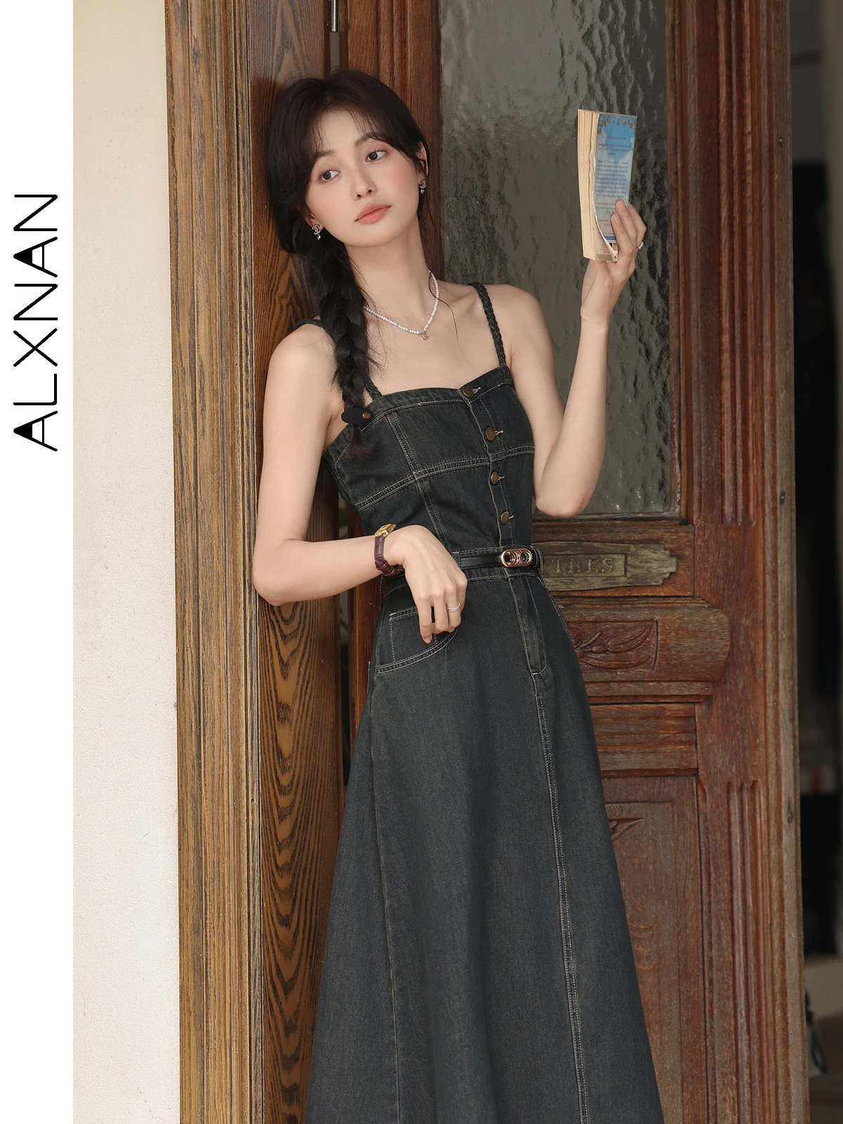 

ALXNAN Women's Long Dress 2025 Summer Dark Blue Elegant Midi Denim Dress Cotton Holiday Beach Sleeveless Ladies Clothing L53553