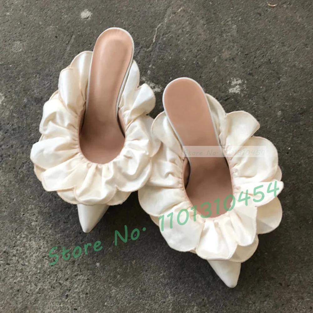 Green Ruffles Low Heels Mules Women Sweet Flower Wrap Design Pointy Gorgeous Shoes Summer Ladies Luxury Leopard Sexy Slippers