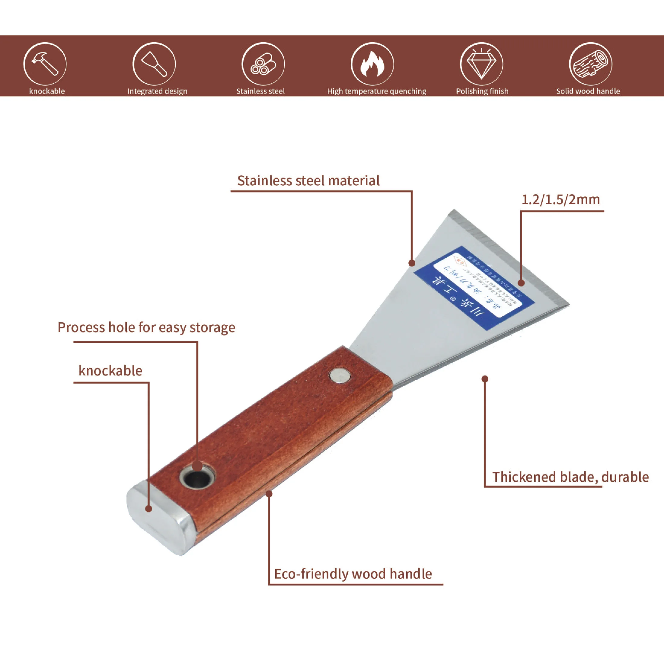 Lame en acier inoxydable avec manche en bois, couteau à mastic Knockable, lame en métal, grattoir à outil de construction, 2 po, 3 po, 4 po, 5 po