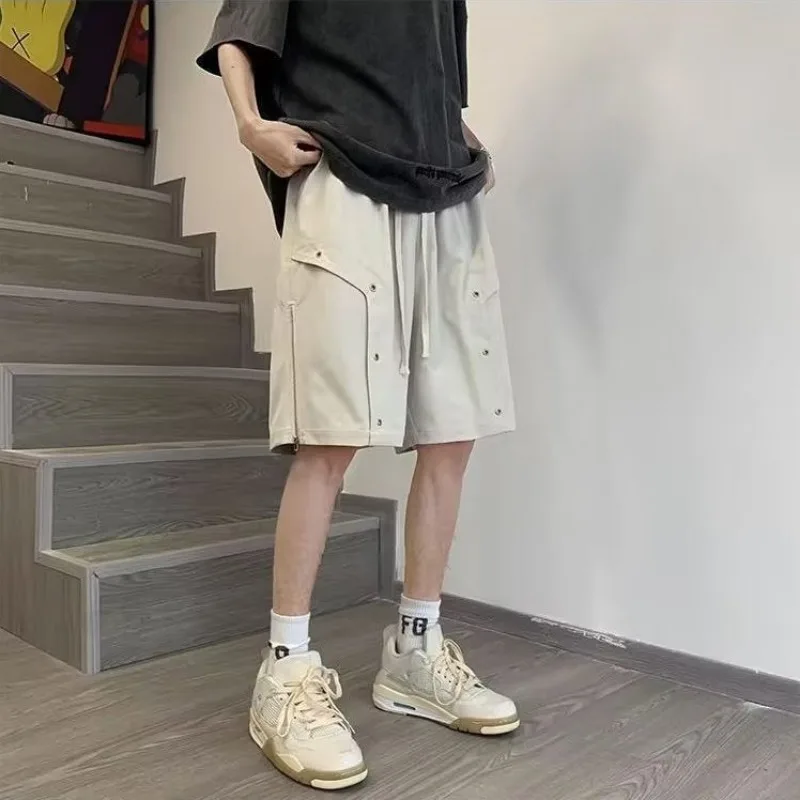 Pantaloncini Cargo retrò americani da uomo estate nuova cerniera con coulisse tinta unita pantaloni al ginocchio versatili pantaloncini High Street