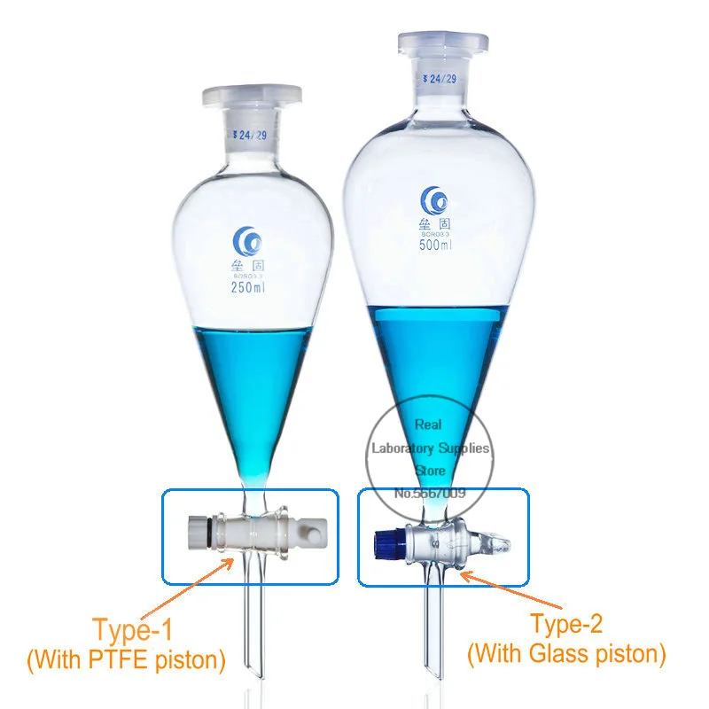 Loikaw-embudo de separación en forma de pera de vidrio para laboratorio, 1 piezas, con pistón de vidrio/PTFE, 60/125/250/500/1000ml