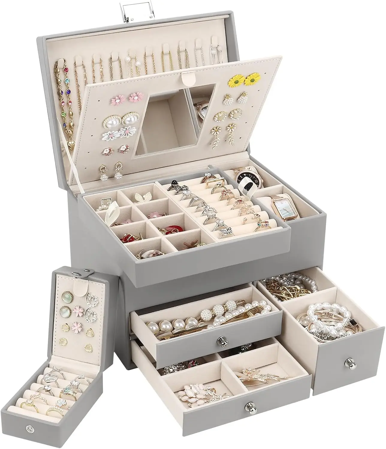 

Jewelry Organizer Box, 3 Layers Large Jewelry Box with Travel Jewelry Case and Removable Tray, Jewelry Storage Case