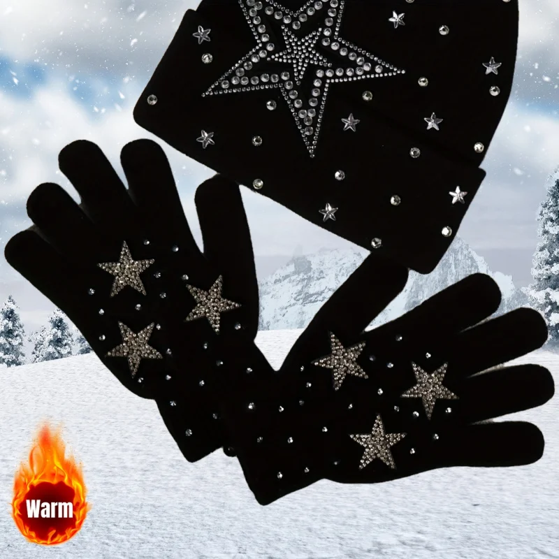 Two Piece Set for Women Large Five-Pointed Star Rhinestone Hat And Gloves,Autumn Winter Outdoor Men Daily Wear Beanie