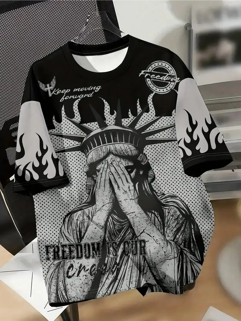 Mens Vintage Statue of Liberty Print T-Shirt Black White Flame Cross Streetwear Summer Short Sleeve Crew Neck Casual Fashion Tee