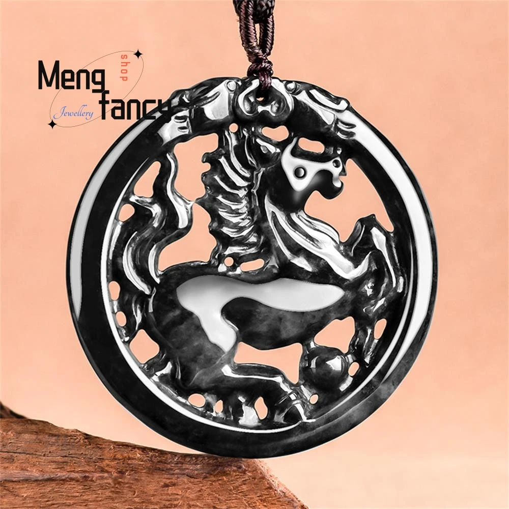 Natural Myanmar A-goods Jadeite Zodiac Horse to Success Wuji Zhong Jade Pendant Exquisite Retro Handicraft Fashion Fine Jewelry