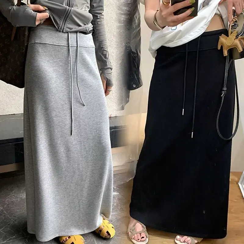 2026 Spring New Air Cotton Skirt High Waist Elastic Drawstring Drape Straight Slit A-Line Skirt