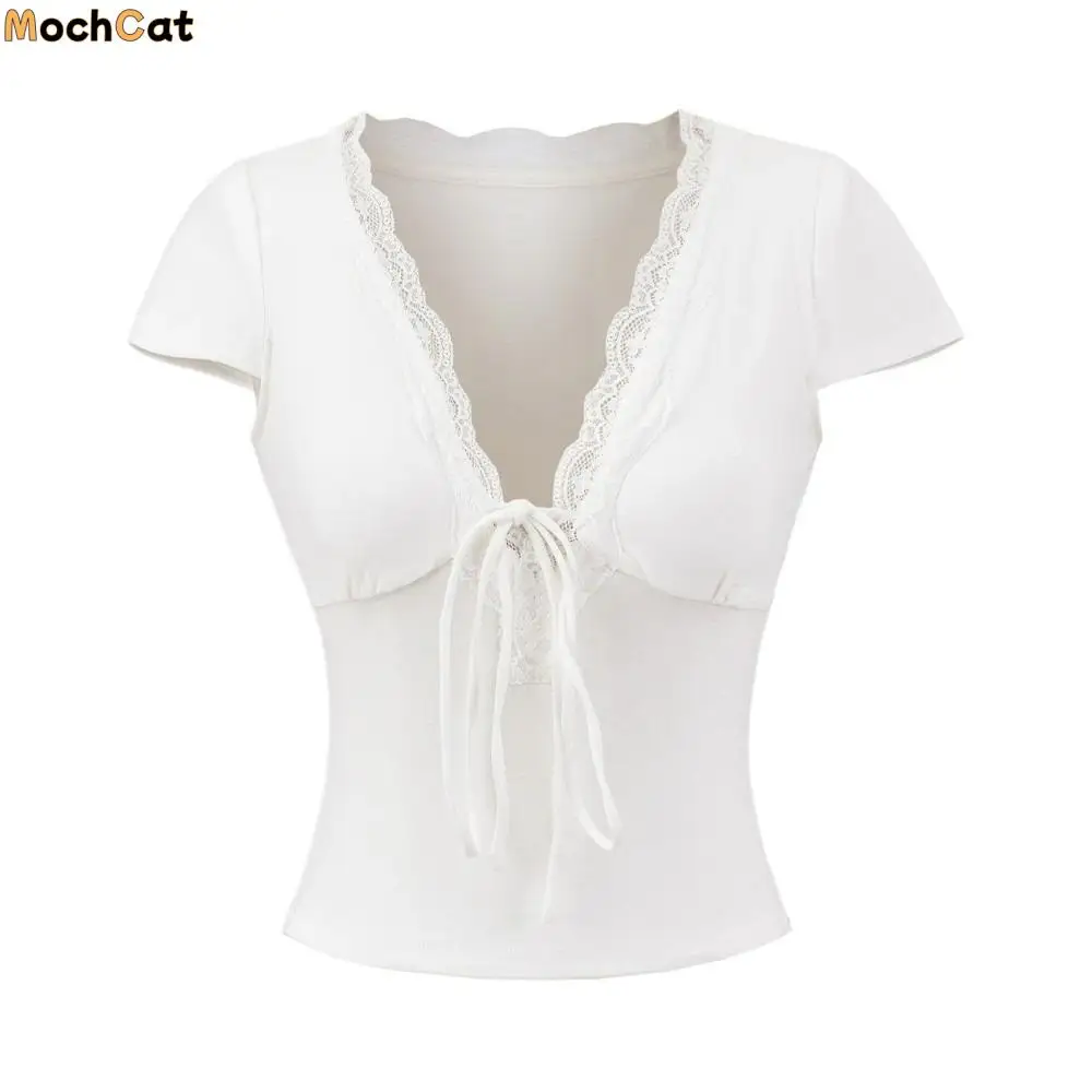 

Elegant V Neck Slim Crop Tops Lace Sweet Bottoming T-shirt Elastic Short Sleeve Camisole Streetwear