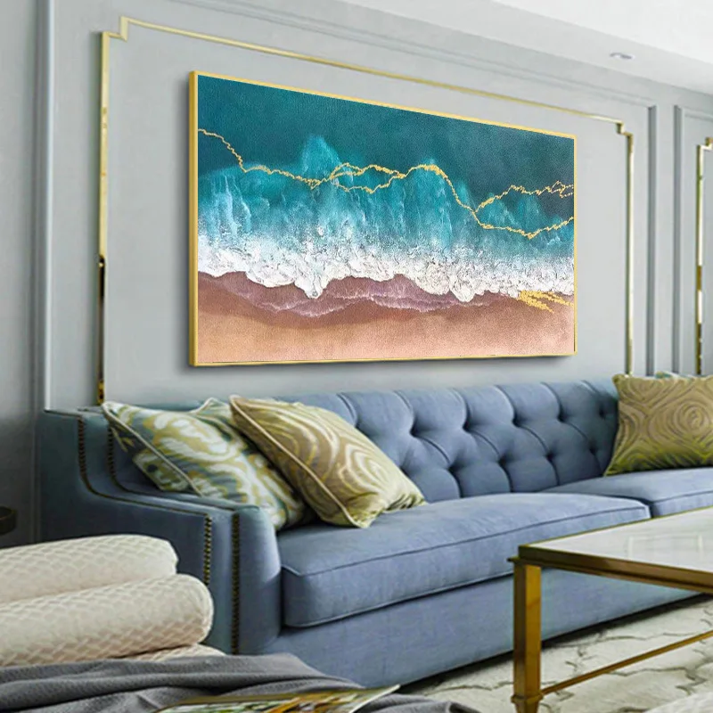 100% Hand-painted Landscape Oil Painting Modern Artwork Blue Seascape Sea Wave Gold Color Decor Painting Thick Textured Painting