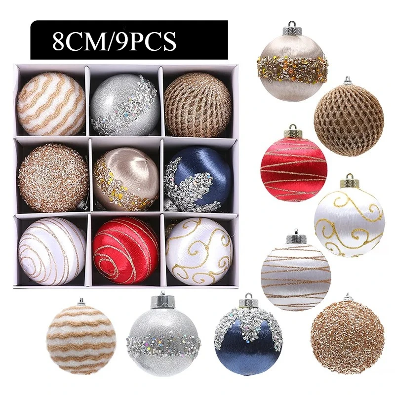 9pcs 8cm Foam Colored Silk Christmas Ball Ornaments Christmas Tree Party Decoration New Year Christmas Spheres Pendant