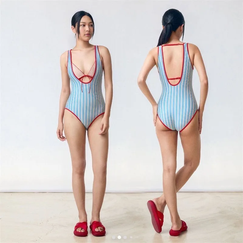 

Blue Red Striped One Piece Swimsuit Deep V Neck Tie Front Contrast Trim Bathing Suit for Women