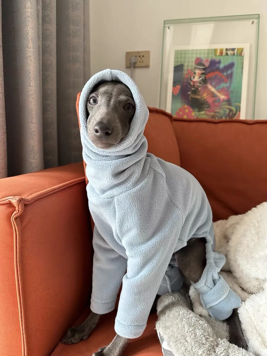 Luxury Light Blue Fleece Jumpsuit for Whipbit Dog Elastic Spring 4-legged Coat for Bedlington Greyhound High-neck Winter Pajamas