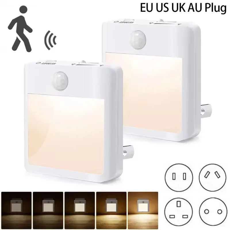EU US UK AU Plug LED Motion Sensor Night Lights Living Room Auto Dusk Dawn Wireless Warm White Cabinet Lamp Decor Lighting