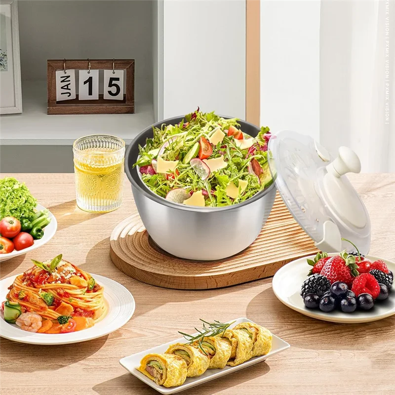 ABKY-Stainless Steel Salad Lettuce Spinner مع غطاء، إطار تصريف الحوض قاعدة غير قابلة للانزلاق يدوية سريعة المدمجة