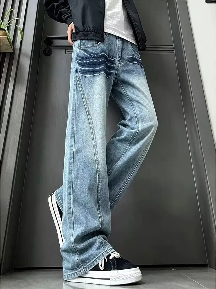 American Washed Lightning Pattern Slanted Cut Knife Jeans Men's High Street Vibe Straight Leg Pants Slim Flared Long Trousers