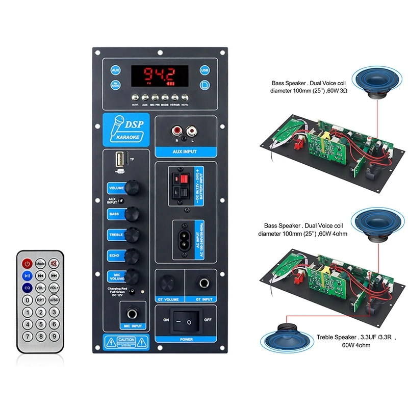 

Плата усилителя высокой мощности DSP Bluetooth 5,3, 8-18-дюймовый динамик на тележке, модуль наружного аудиоусилителя, двухканальный стереоусилитель 60 Вт