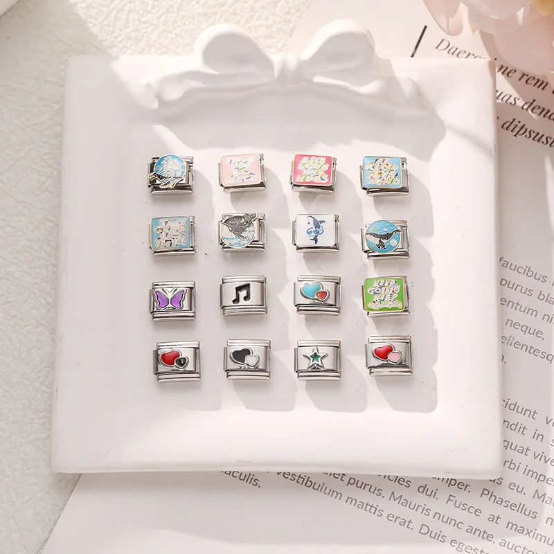 الزركون القلب القوس الكرز الصليب ستار القمر اللؤلؤ الصلب اللون الإيطالية سحر الروابط صالح 9 مللي متر الفولاذ المقاوم للصدأ سوار النساء DIY بها بنفسك صنع